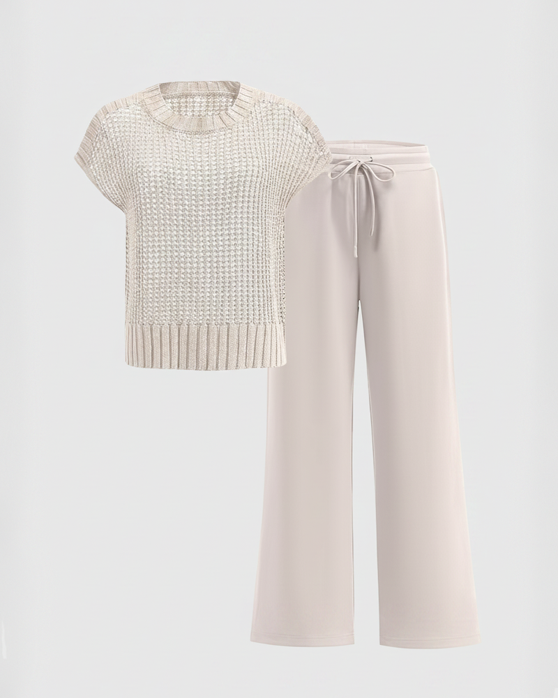 Crochet Knit Tulle Round Neck Short Sleeve Sweater Wide‑Leg Pants Set
