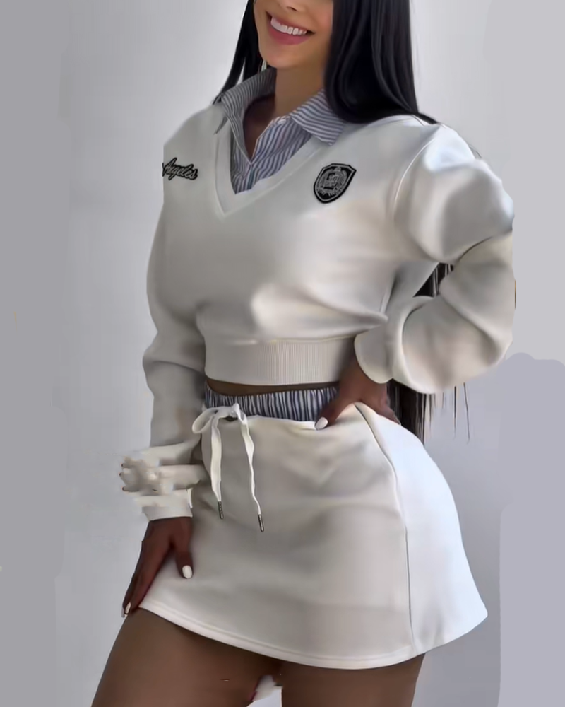 Striped Patchwork Preppy Style Midi Skirt Set (Pre-Sale）