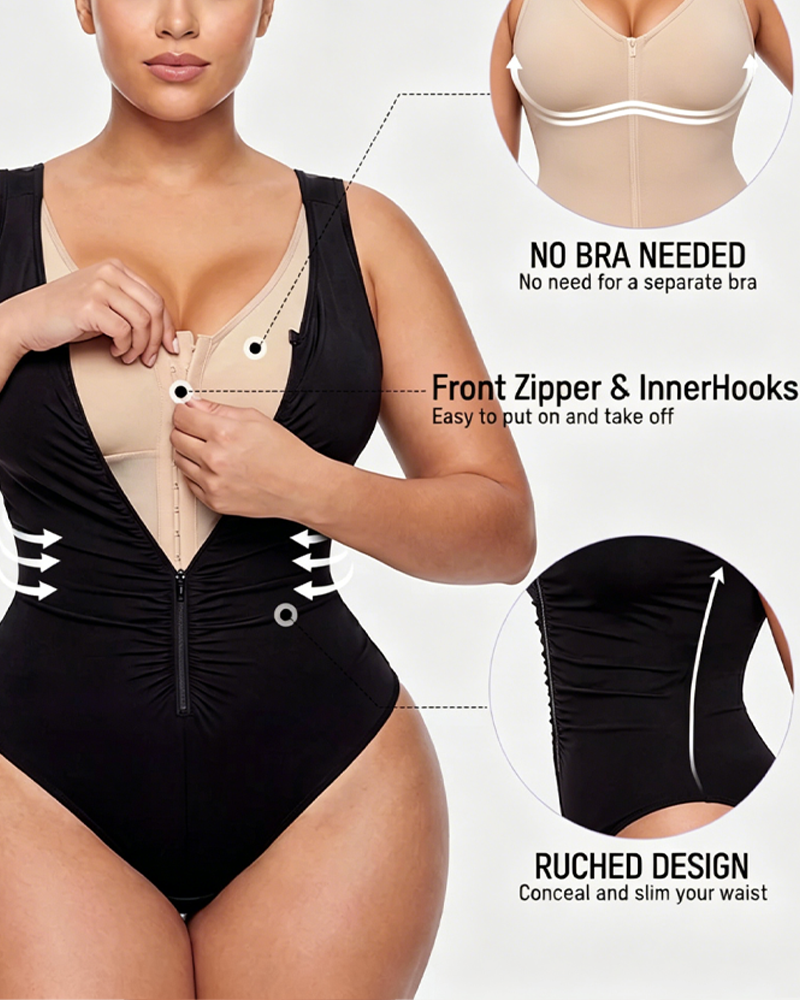 2-in-1 Front-Zip Ruched Shaping Swimsuit Bodysuit（Pre-Sale）