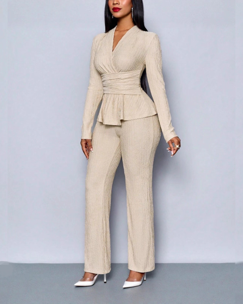 Stylish And Elegant V Neck Fitted Waist Long Sleeved Trouser Suit