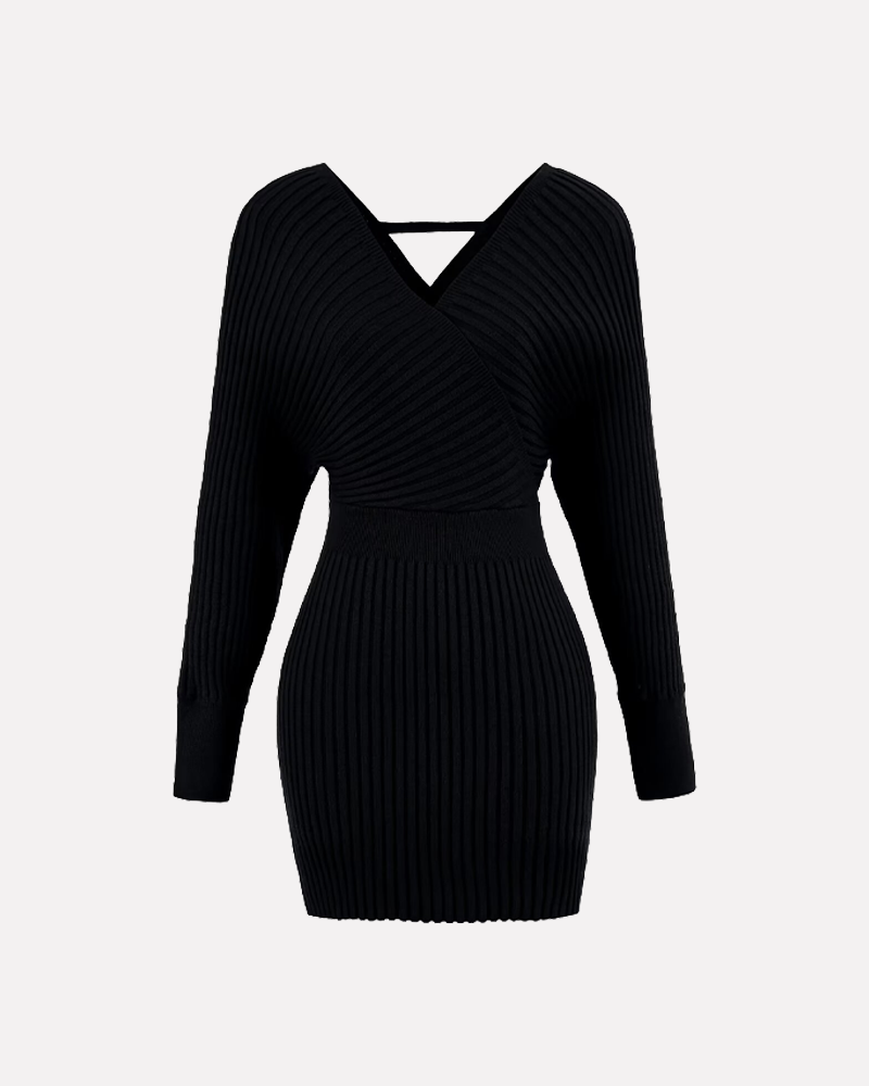Elegant V Neck Knit Long Sleeve Bodycon Midi Dress