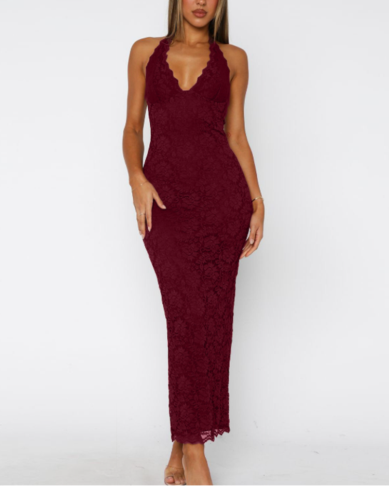 Stylish Halter Neck Lace Slit Slim-Fit Dress