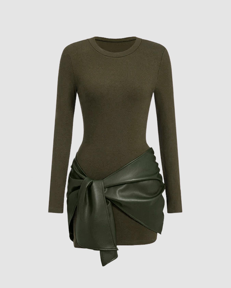 Patchwork Knotted Side Ruched Long-Sleeved Mini Dress