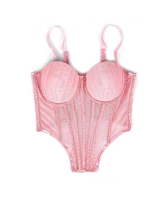 Mesh Camisole With Padded Bra Rhinestone Boning Shaping Bra