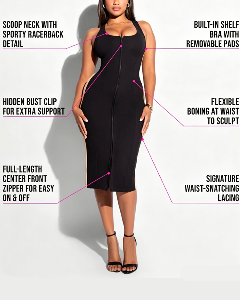 Front Zip Sculpting Midi Dress with Built-In Bra & Lace-Up Back（Pre-Sale）