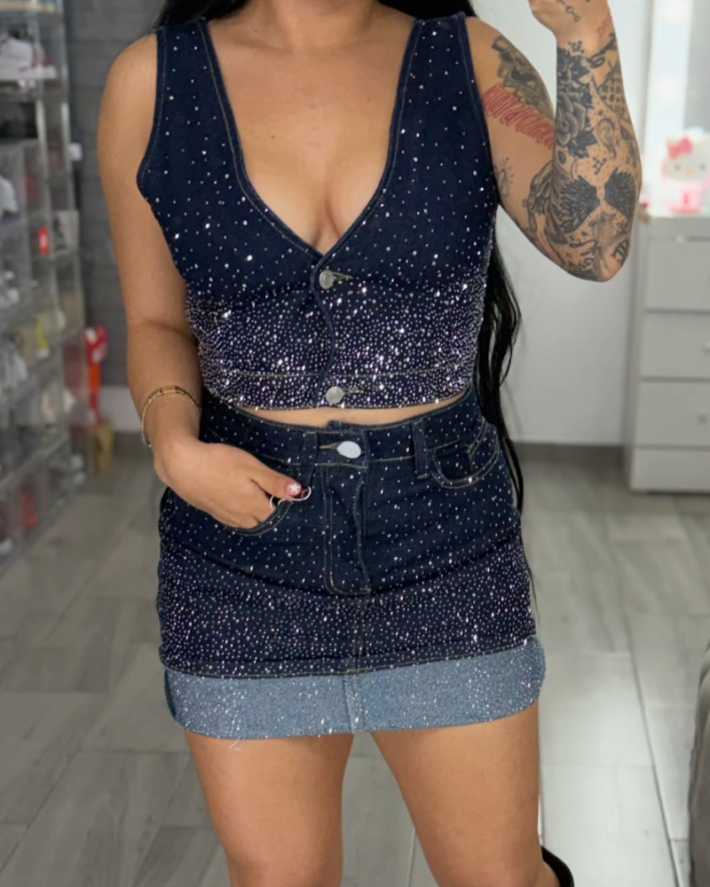Sparkling Rhinestone Denim Skirt Set (Pre-Sale)
