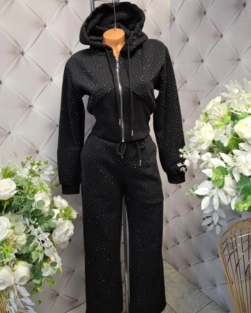 Casual Sporty Rhinestone Hooded Sweatshirt And Pants Two-Piece Set (Pre-Sale)