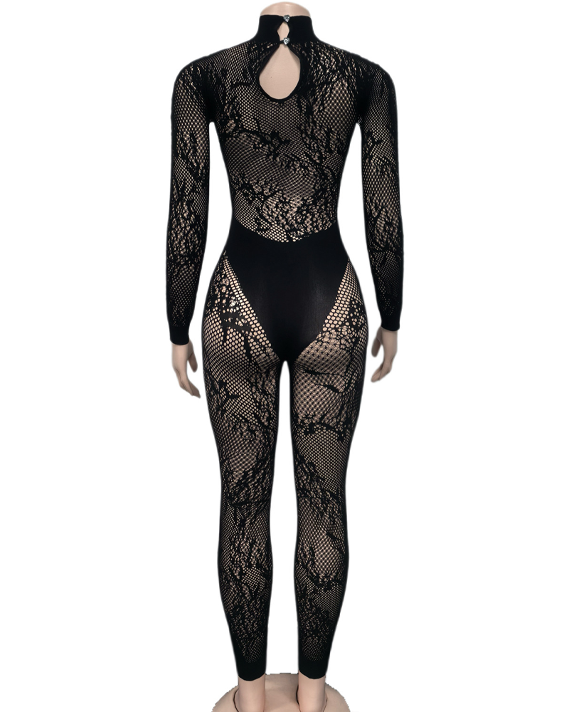 Long-Sleeved Lace Cutout Black Bodysuit
