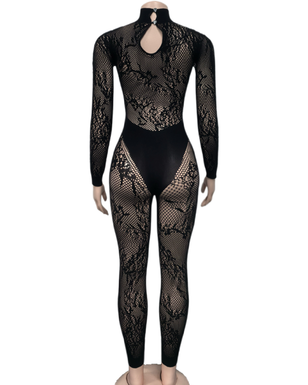 Long-Sleeved Lace Cutout Black Bodysuit