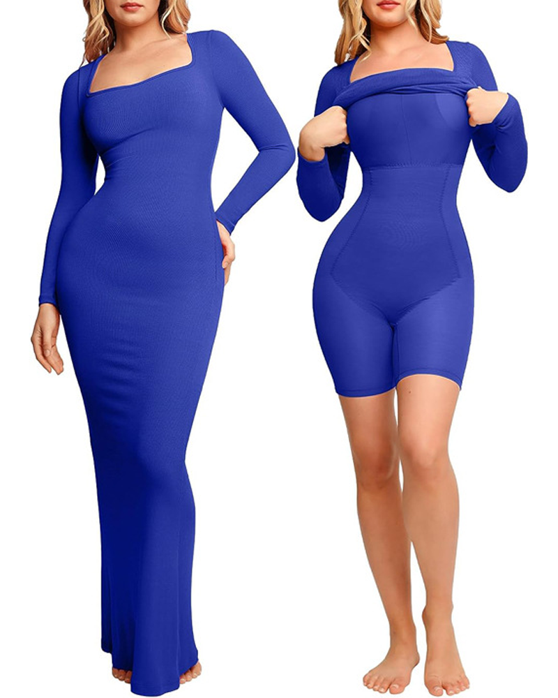 Square Neck Long Sleeve Tummy Control Built-In Body Shaping Dress-Curvy-Faja