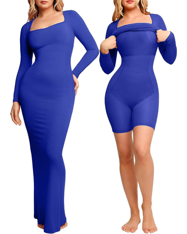 Square Neck Long Sleeve Tummy Control Built-In Body Shaping Dress-Curvy-Faja