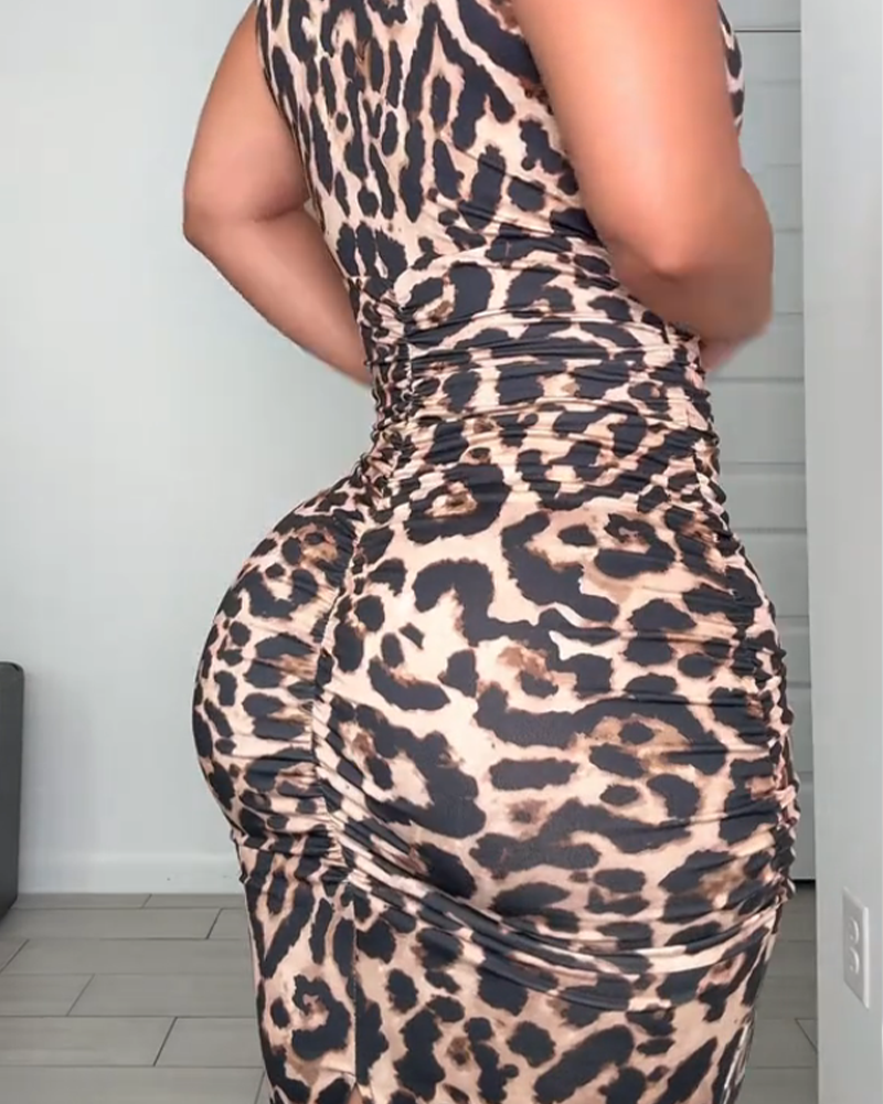 Women's Leopard Print V-Neck Lace Trim Ruffled Slit Slim Fit Midi Dress