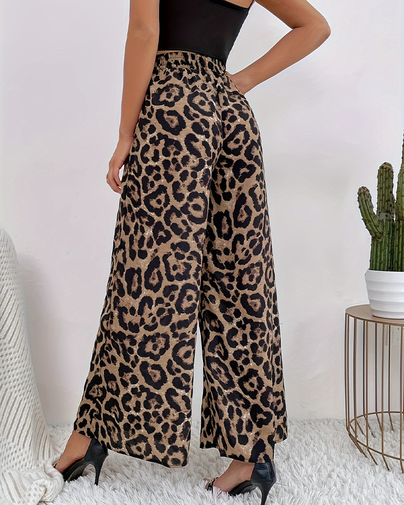 Leopard Print Casual Wide-Leg Trousers-Curvy-Faja