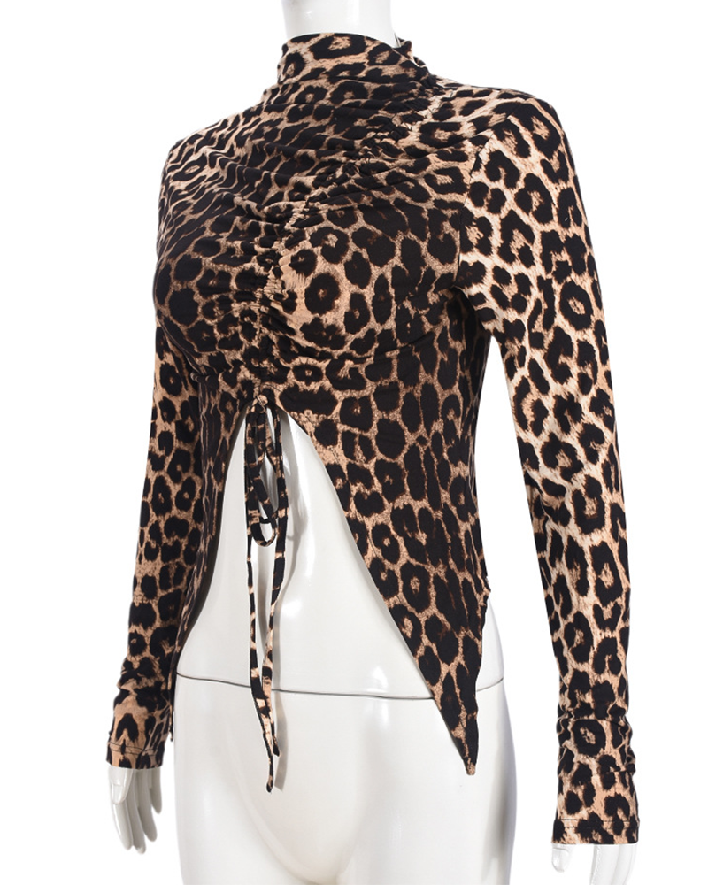Hot Girl Leopard Print Women's Clothing Drawstring Navel-Exposed Tight Long Sleeve Tops T-shirt Wome