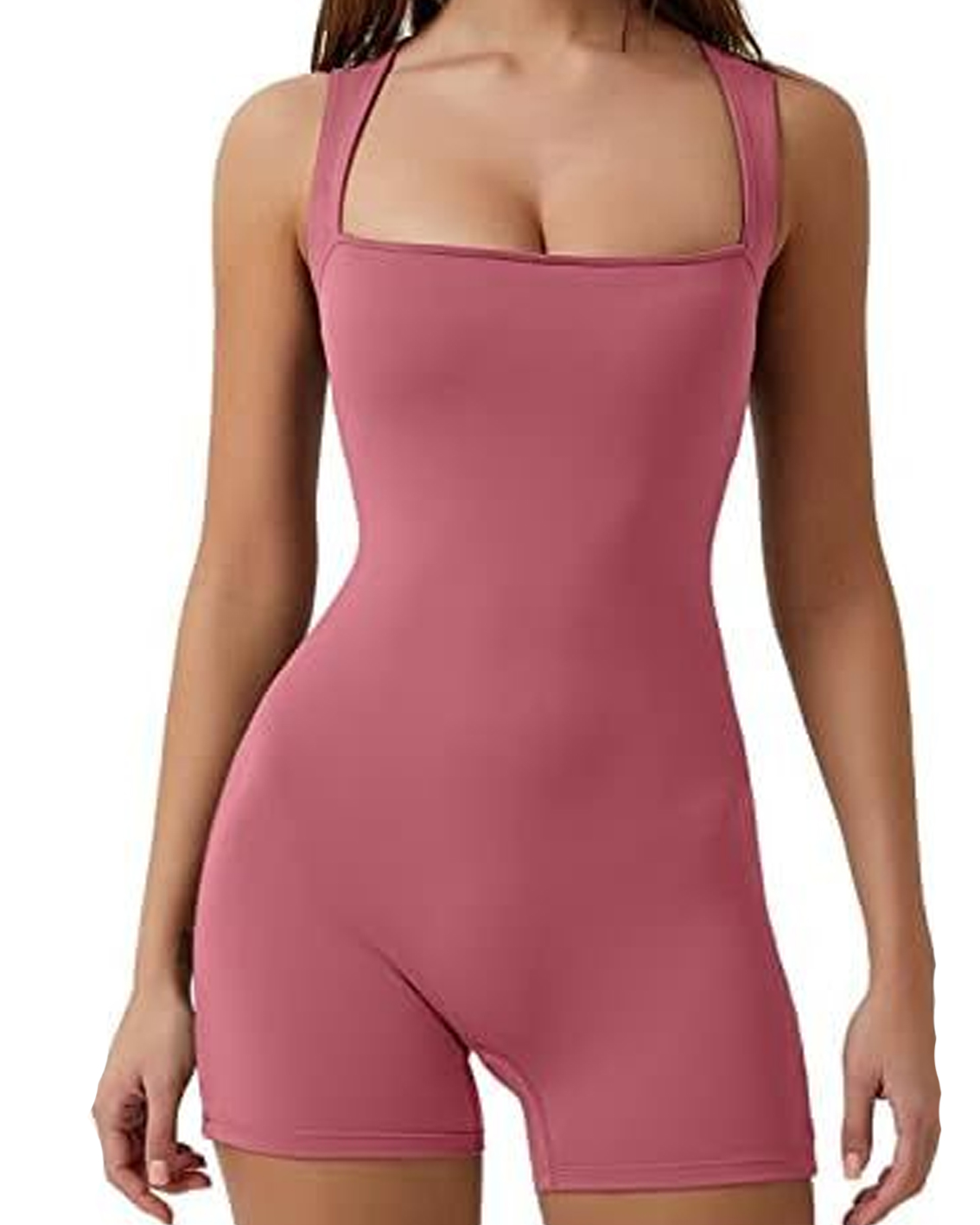 Women Workout Romper Yoga Ribbed Square Neck One Piece Seamless Tank Top Jumpsuit-Curvy-Faja