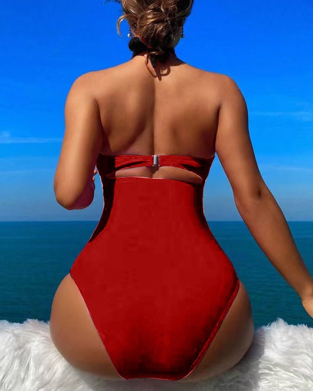 Deep V Cutout Ruched One Piece Swimsuit with Crisscross Open Back