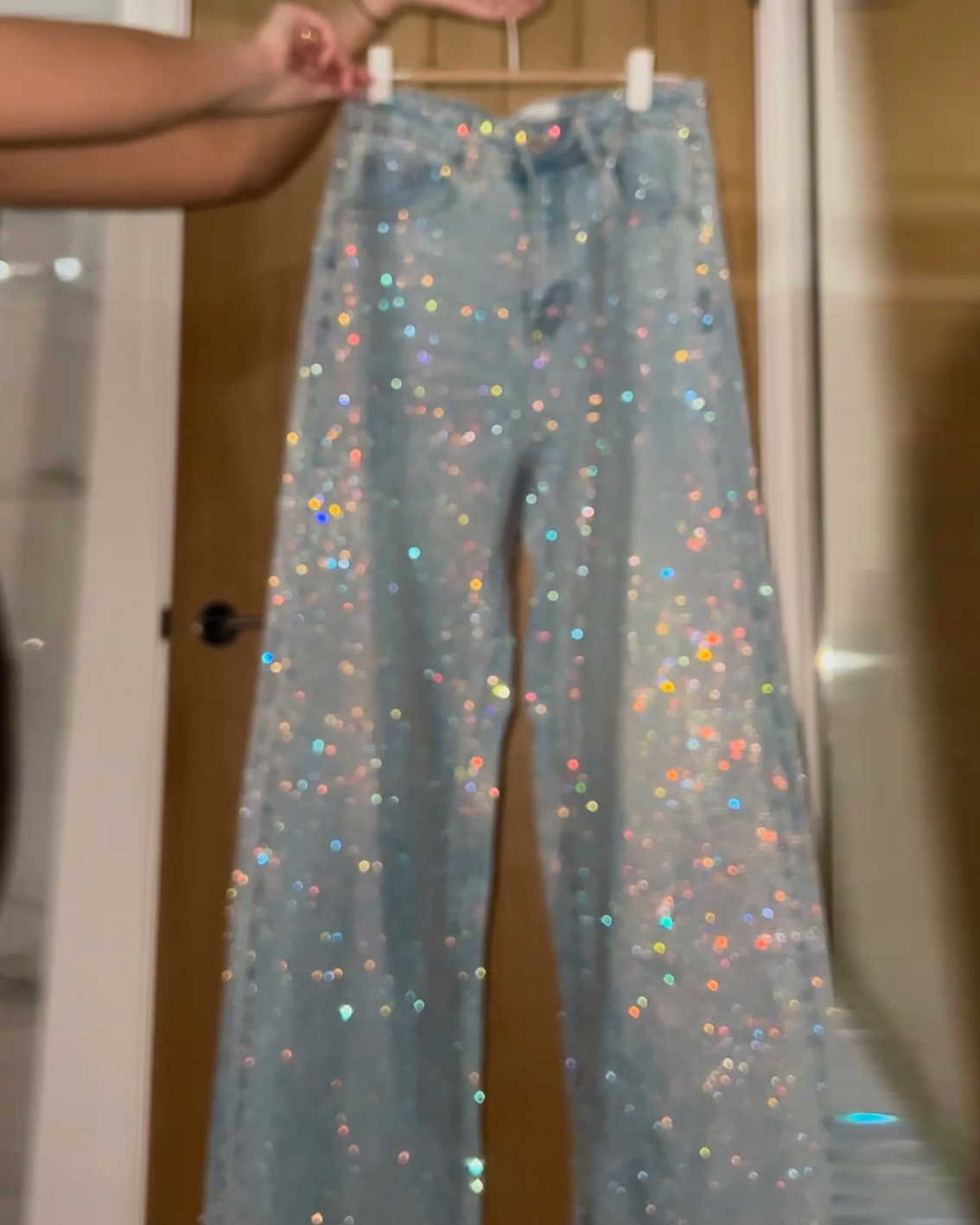 Rainbow Rhinestone and Gypsophila Sequined High-Waisted Wide-Leg Jeans-Curvy-Faja
