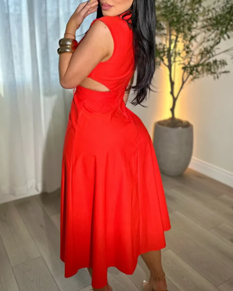 Business Suit Sleeveless Shirt Collar Dress Waist Hollow Design Long Skirt-Curvy-Faja