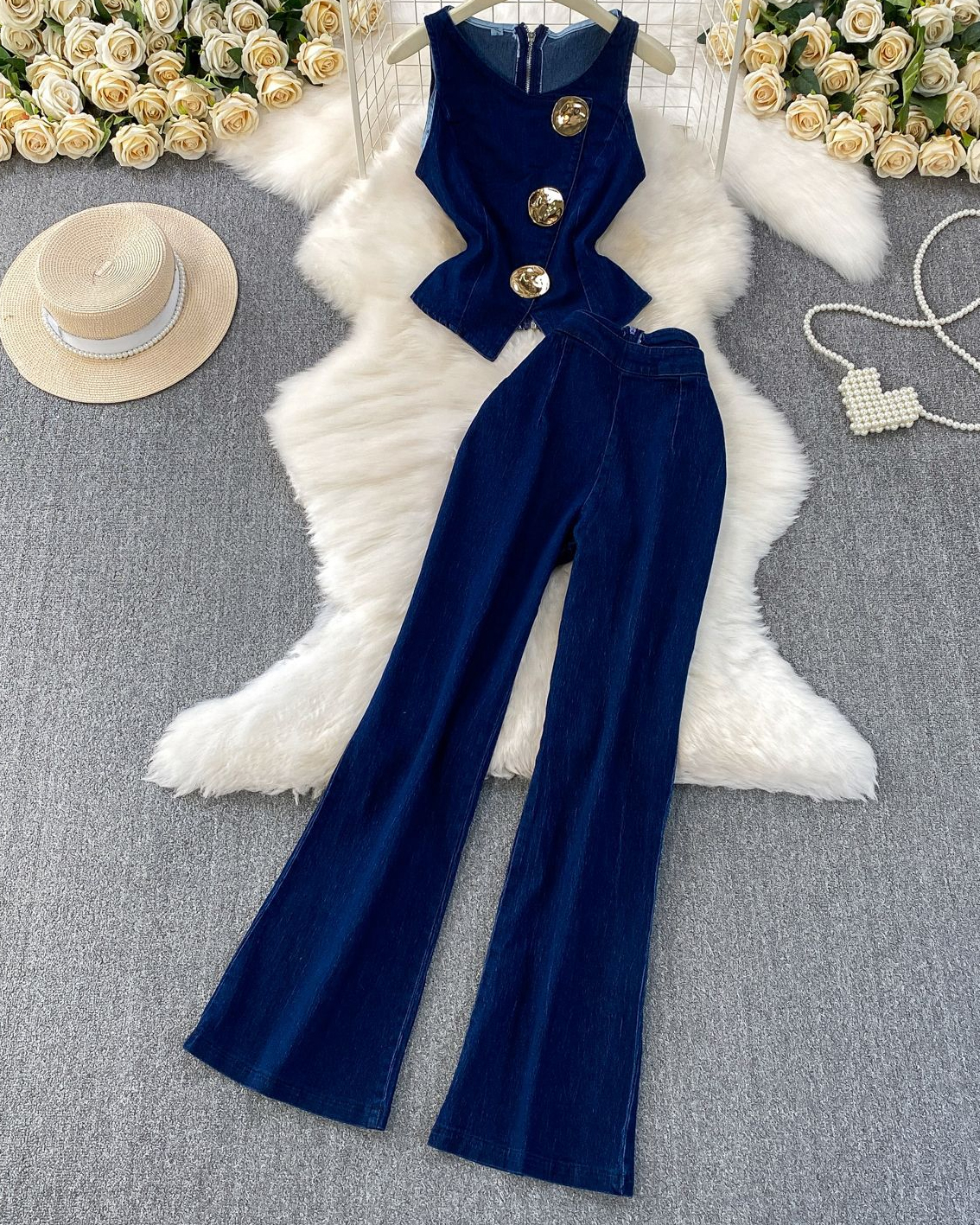 Metal Button Round Neck Sleeveless Denim Vest Wide-Leg Pants Set-Curvy-Faja