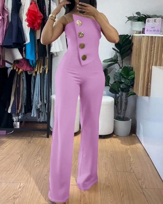 Sexy Tube Top Button-Decorated Flared Jumpsuit-Curvy-Faja