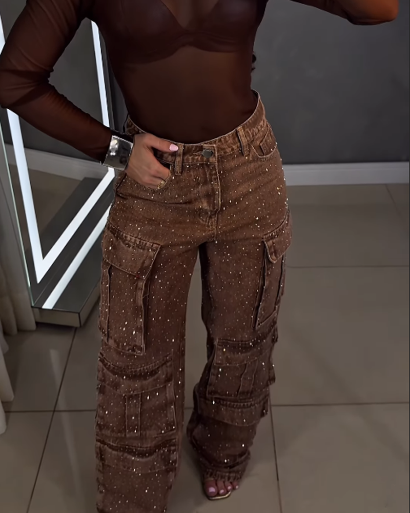 Street Style Casual Jeans With Rhinestone Studded Pockets