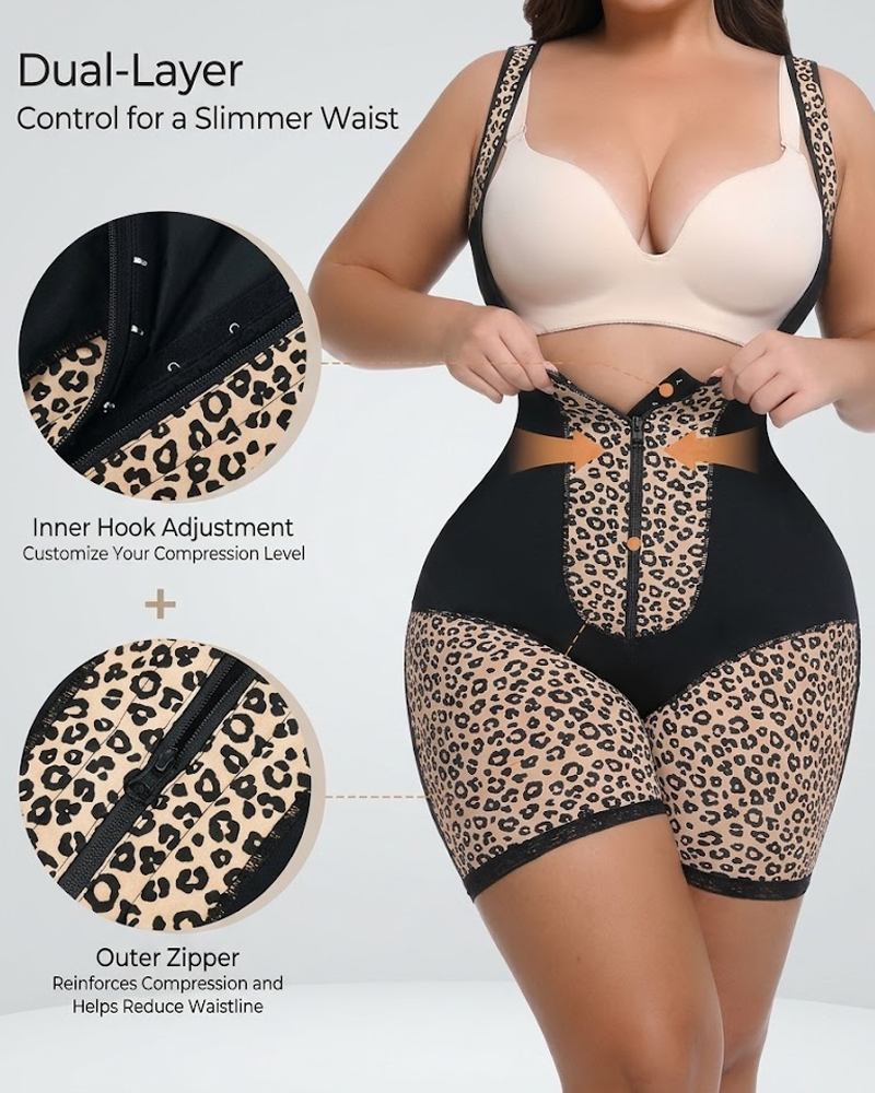 Leopard Print Front Zipper Tummy Control Butt Lifting Shapewear Bodysuit（Pre-Sale）