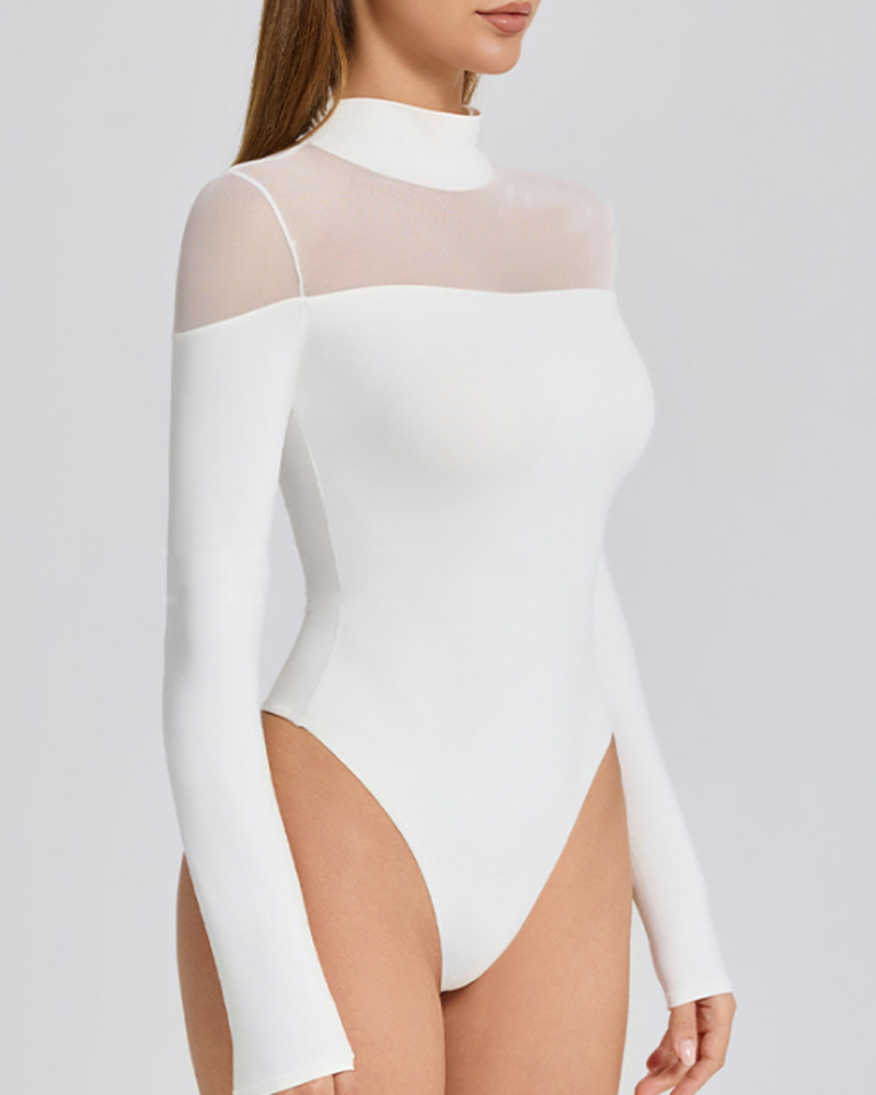 Seamless High-Neck Base Layer Mesh Splicing Long-Sleeved Slim-Fit High-Elastic Bodysuit