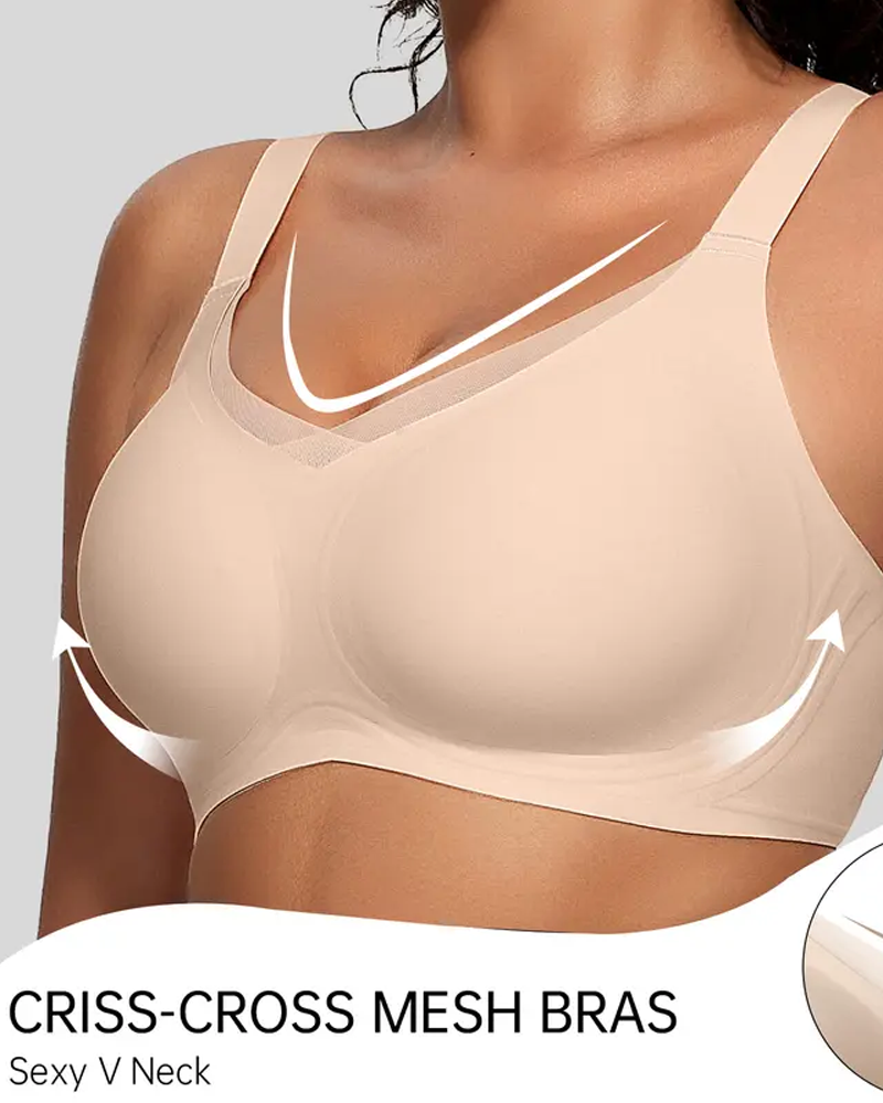 Wire-Free Jelly V-Neck Cross Mesh Bra For Valentine's Day