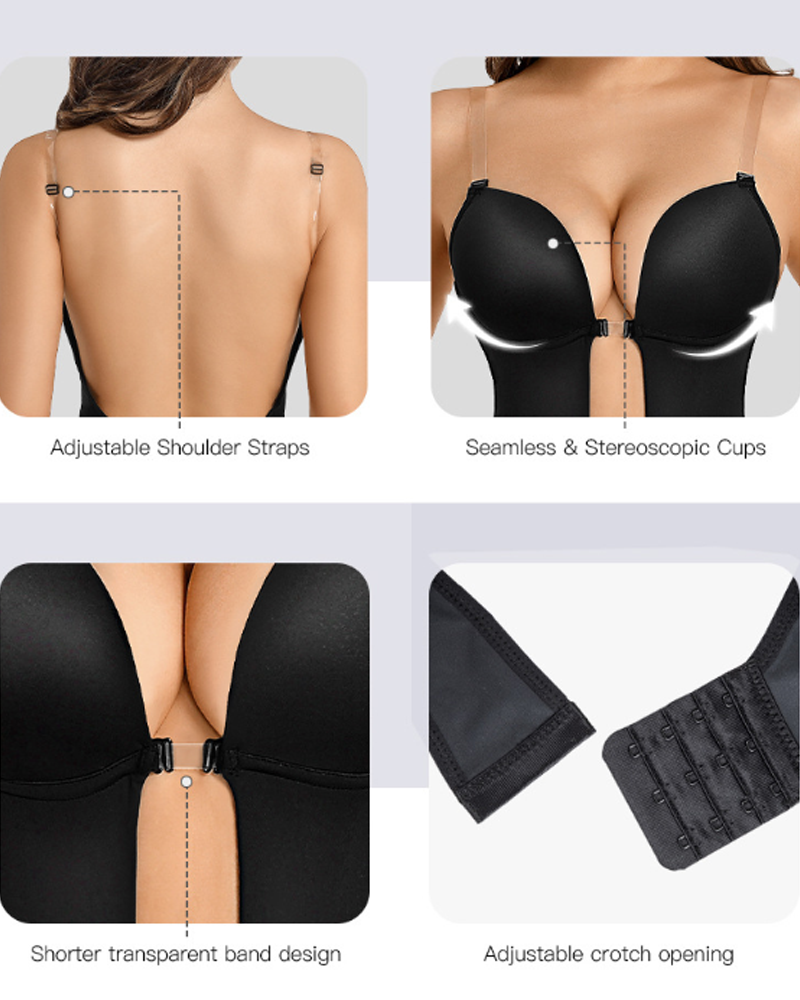 Deep V Backless Bodysuit With Bust Support Shaping And Invisible Shoulder Straps