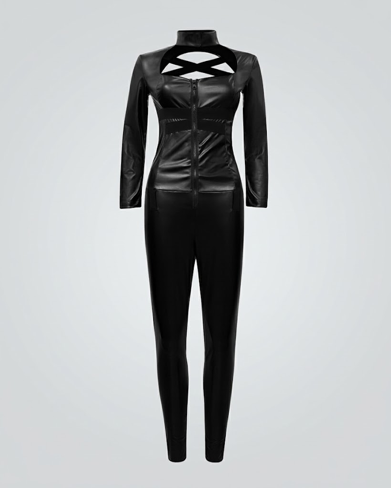 Halloween Catwoman 4 Piece Set Faux Leather Crisscross Open Back Bodysuit Costume