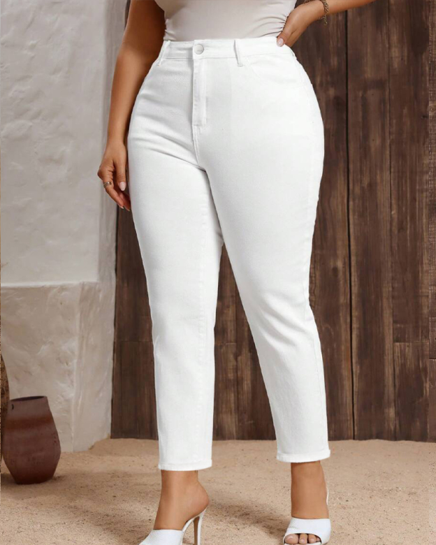Plus-Size White Straight-Leg Jeans Cigarette Pants