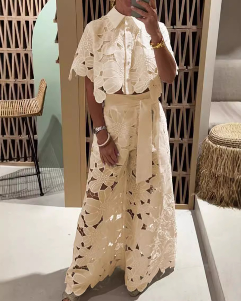 Hollow Out Cardigan Top And Wide Leg Pants Two Piece Set