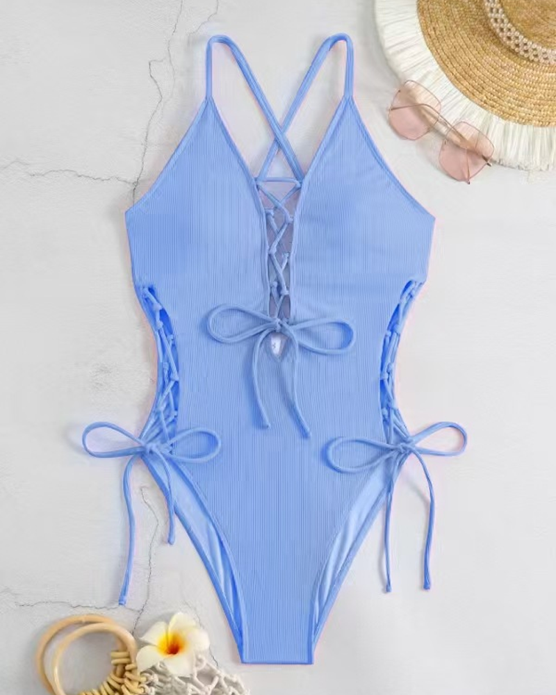 Ribbed Lace-Up Open Back Tummy Control Shaping One-Piece Swimsuit