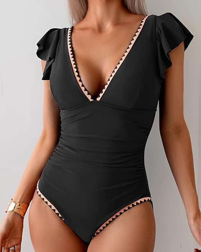 V-Neck Ruffle Push Up One Piece Swimsuit