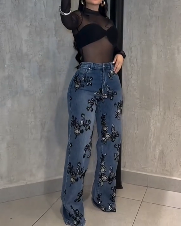 Retro Blue Denim Wide Leg Pants With Floral Embroidery (Pre-Sale)