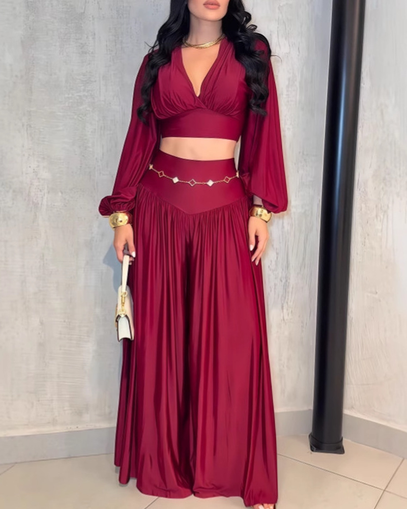 Two Piece Set Cropped Top With Pleats And Wide Leg Pants