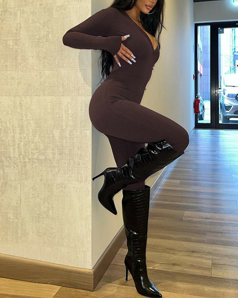 V-Neck Ribbed Casual Comfortable Long-Sleeved Slim-Fit Jumpsuit