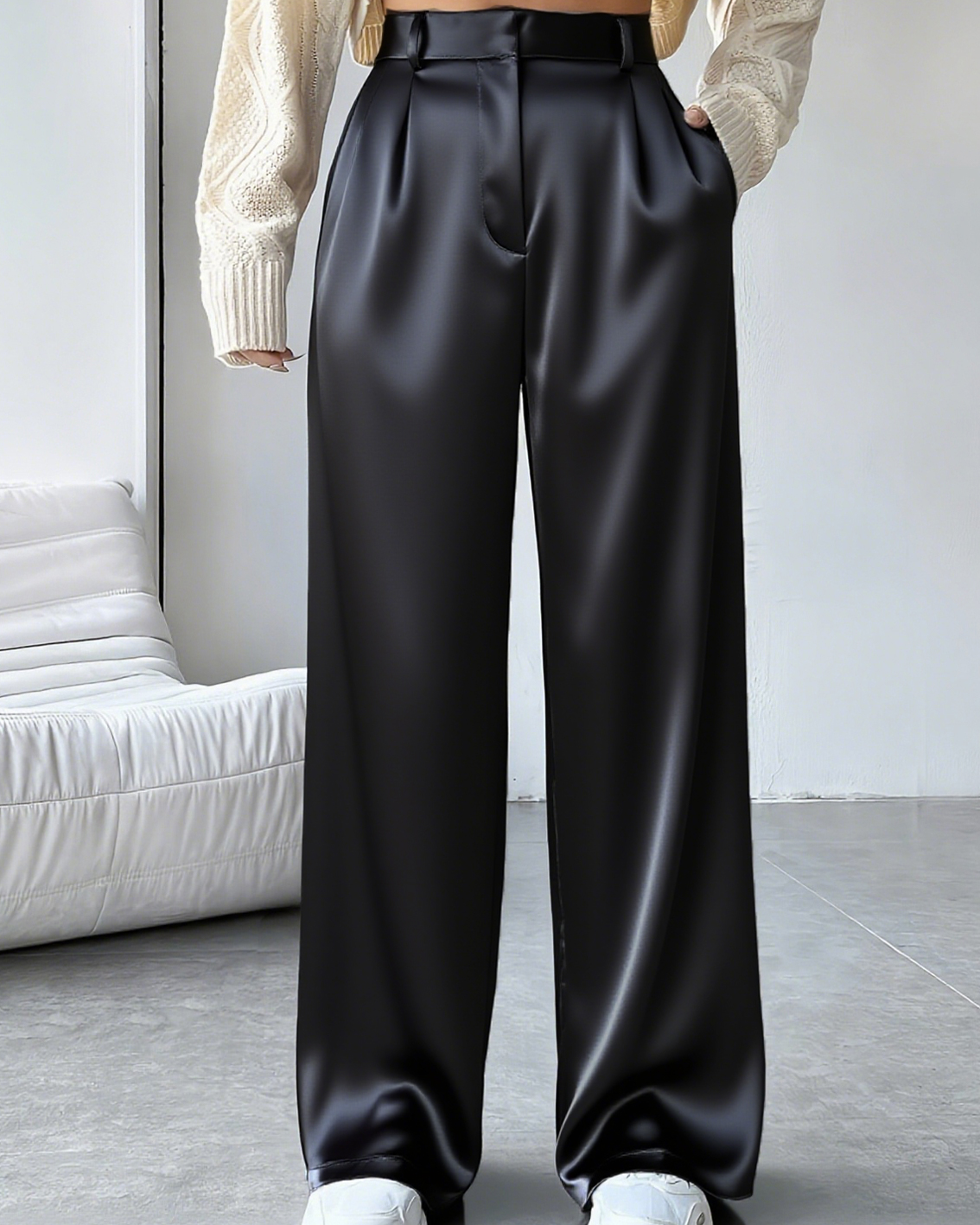 High-Waisted Draped Satin Straight-Leg Trousers-Curvy-Faja