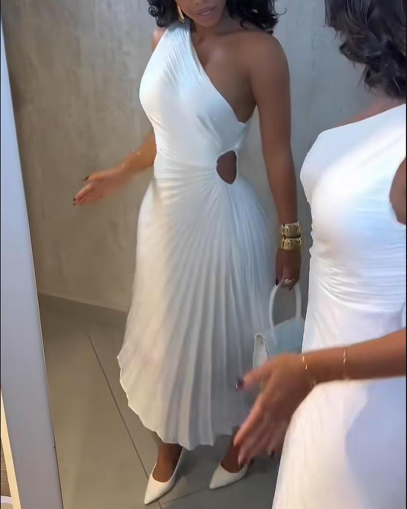 Pleated One Shoulder Asymmetrical Neckline Solid Color Dress