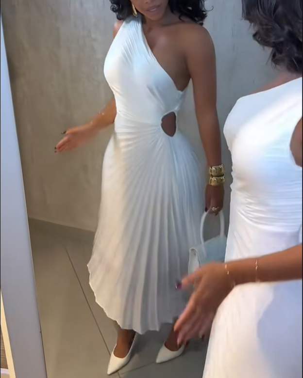 Pleated One Shoulder Asymmetrical Neckline Solid Color Dress
