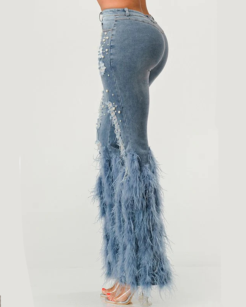 High-Waisted Distressed Pearl-Embellished Feather Jeans