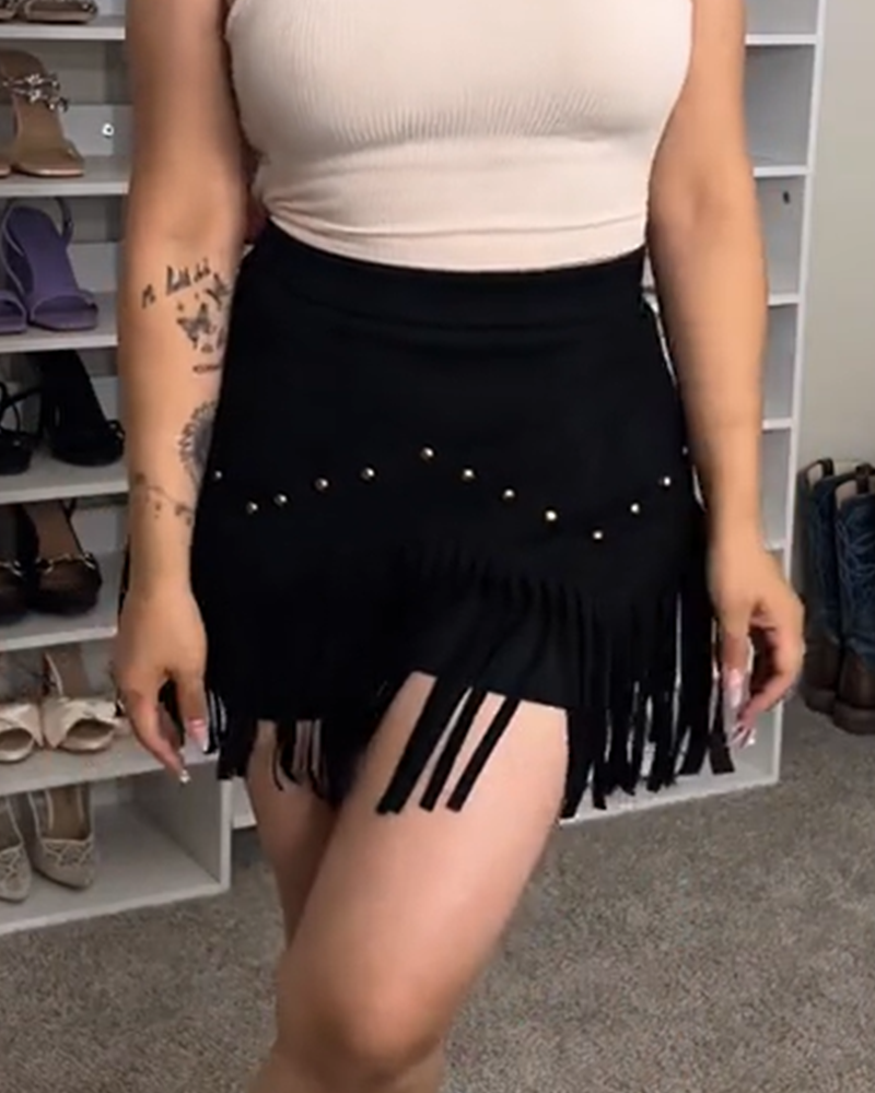 Retro Studded Tassel Mini Skirt