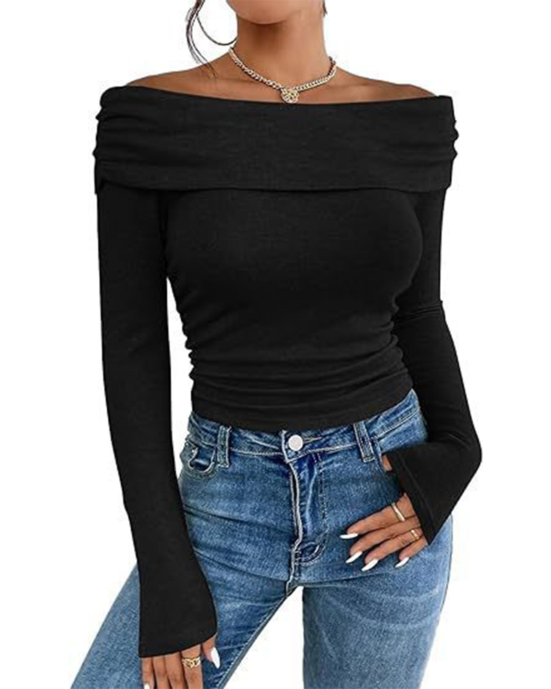 Sexy Off-Shoulder Slim-Fit Long-Sleeved Bottoming Shirt-Curvy-Faja