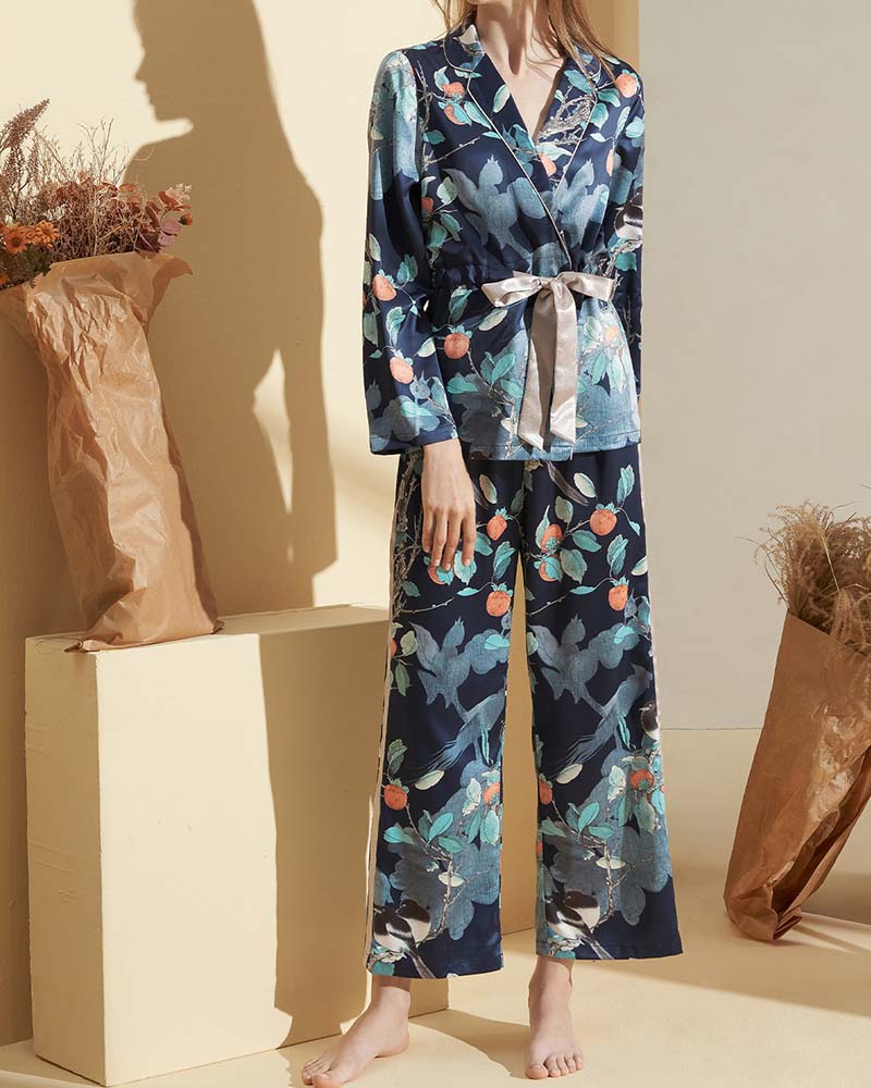 Lapel Printed Satin Pajama Set