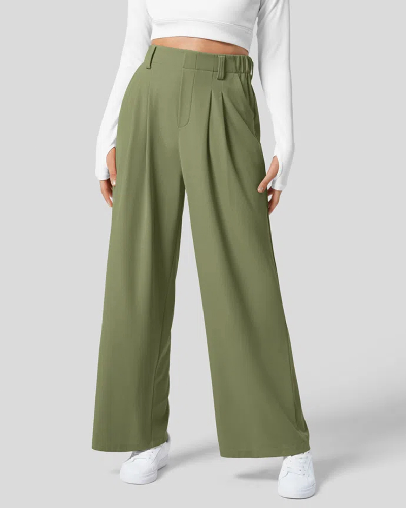 High Waisted Plicated Side Pocket Wide Leg Waffle Work Pants
