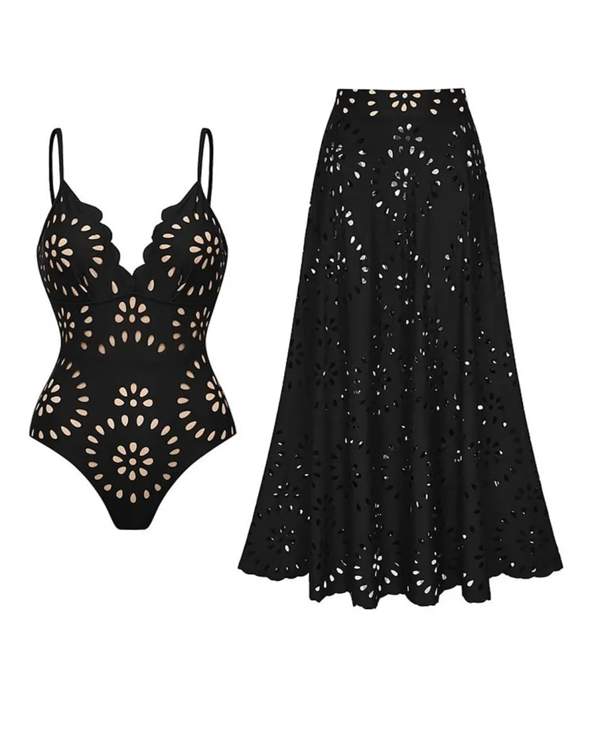 Flower Hollow One Piece Swimsuit and Skirt-Curvy-Faja
