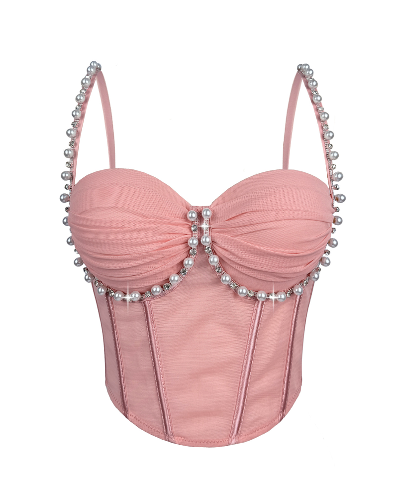 Beaded Pleated Mesh Boning Corset