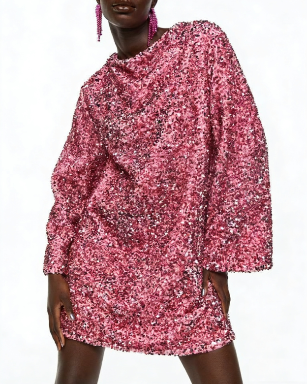 Christmas Party Backless Tie-Up Long-Sleeved Sequined Dress