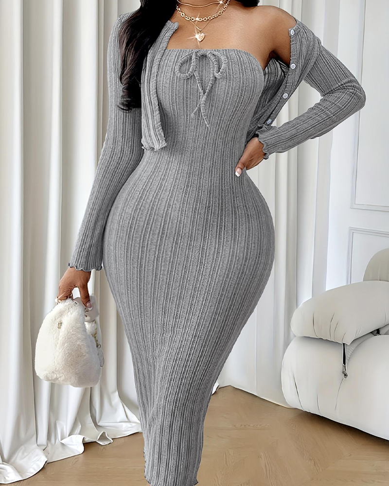Women's Ribbed Fitted Dress Cardigan Set