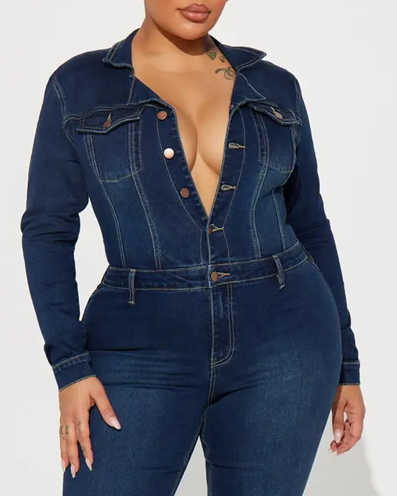 Slim-Fit Stretch Flared Long-Sleeved Denim Jumpsuit